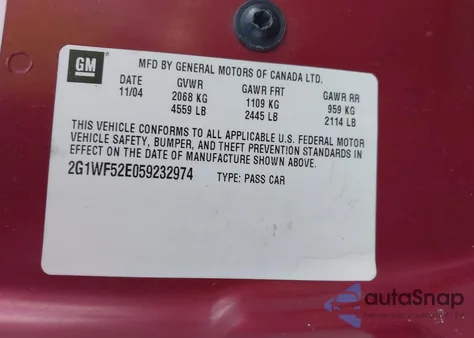 2005 Chevrolet Impala z USA, uszkodzony, nr VIN 2G1WF52E059232974